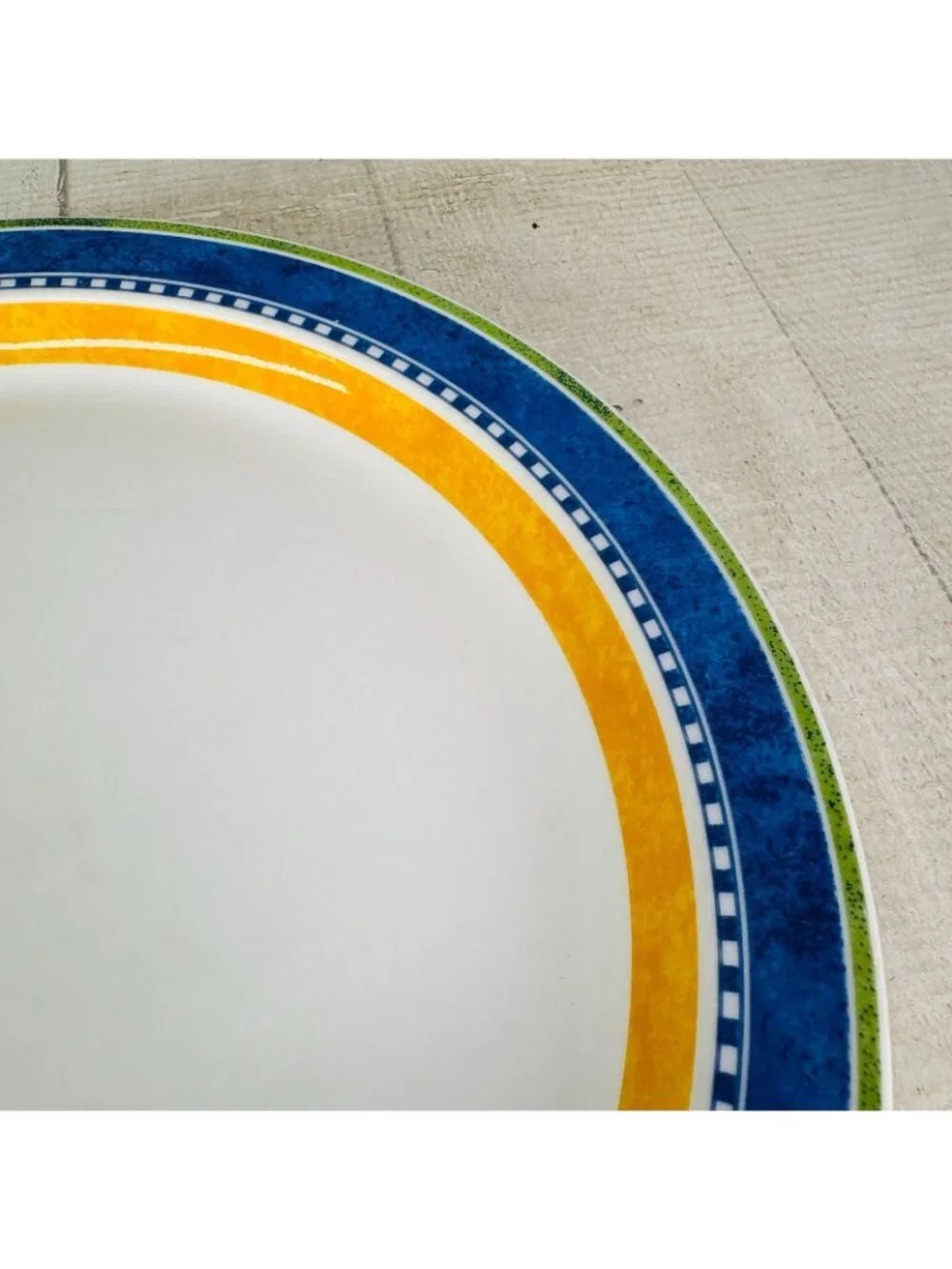 Dansk Bistro KOBENHAVN Blue Yellow Band Smooth Green Trim Dinner Plates Set of 4